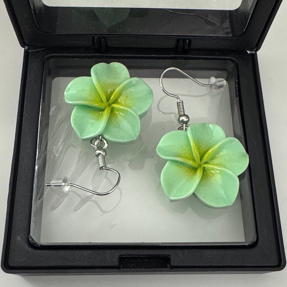 Green Plumeria Flower Drop Earrings - Women Jewelry